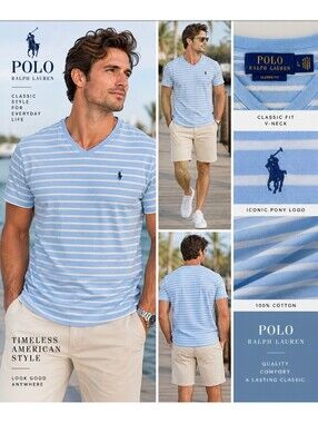 Polo Ralph Lauren Men’s Large Classic Fit V-Neck T-Shirt Blue White Stripe Pony